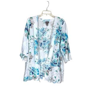 Chico's Floral Lace Kimono Coverup Jacket Size 3 Blue Artsy Beach Cottagecore Xl